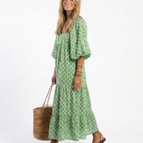 Céline | Midi-mekko, jossa on kuvio, kolmen neljänneksen hihat ja V-pääntie