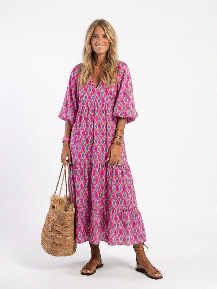 Céline | Midi-mekko, jossa on kuvio, kolmen neljänneksen hihat ja V-pääntie