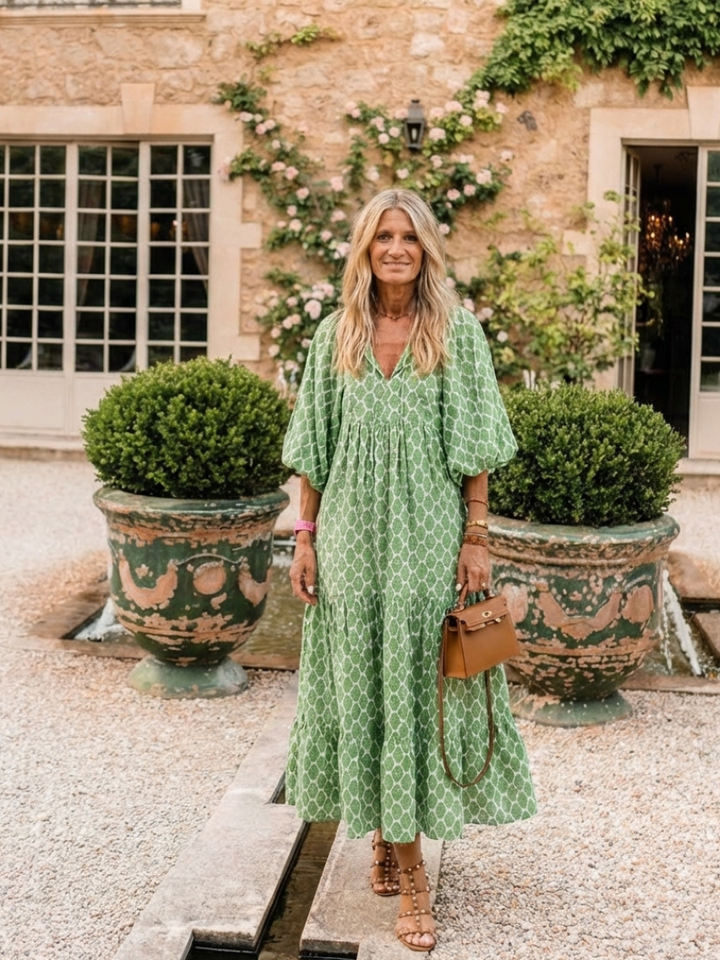 Céline | Midi-mekko, jossa on kuvio, kolmen neljänneksen hihat ja V-pääntie