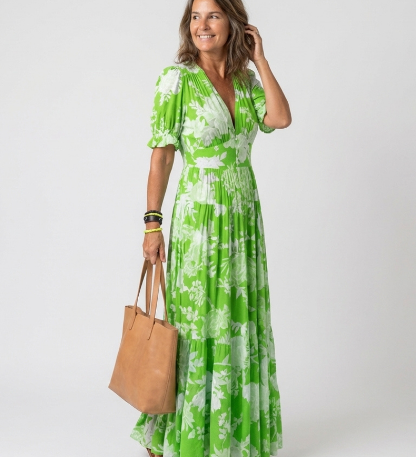 Juliette | Midi mekko kukilla, lyhyet hihat ja V-pääntie