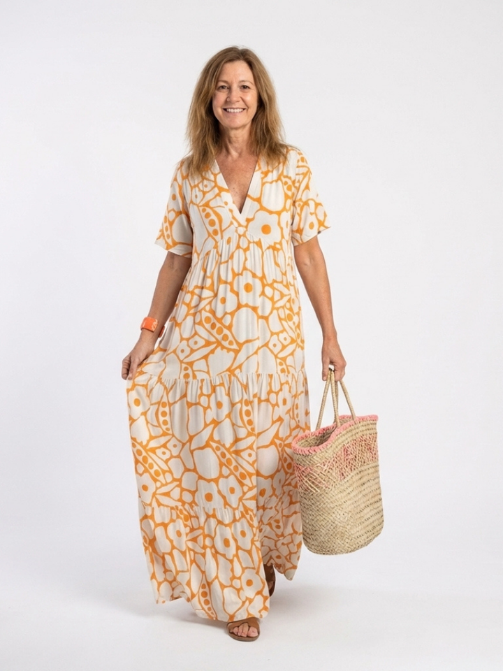 Lucie | Midi-mekko kukilla, lyhyet hihat ja V-pääntie
