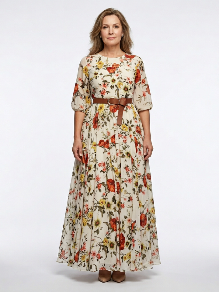 Isabelle | Maxi mekko vyöllä, pyöreällä kaula-aukolla ja kolmen neljänneksen hihoilla