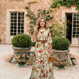 Isabelle | Maxi mekko vyöllä, pyöreällä kaula-aukolla ja kolmen neljänneksen hihoilla